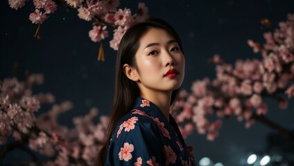 Asian woman with sakura flowers under a supermoon at night.
