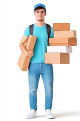 Young man carrying multiple boxes, preparing for delivery or moving tasks at home