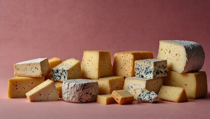 Fototapeta premium Assorted cheeses against a pink background.