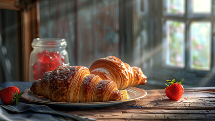 Freshly baked golden brown croissants accompanied by rich butter and luscious strawberry jam, set on a rustic wooden table, a delightful breakfast choice