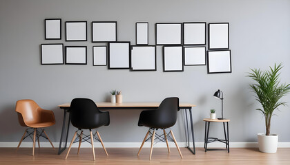 Empty photo frames hanging on wall at workplace with chair near by