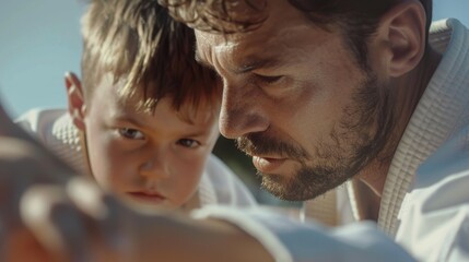 A father teaching his son Brazilian jiu-jitsu, emphasizing discipline and martial arts.