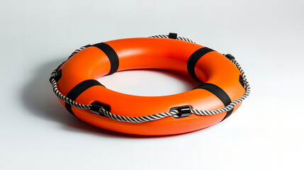 Orange Life Preserver on White Background, Bright Buoyancy Safety Device