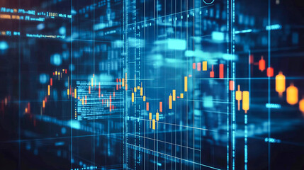 Dynamic financial data chart with candlestick patterns in blue digital interface