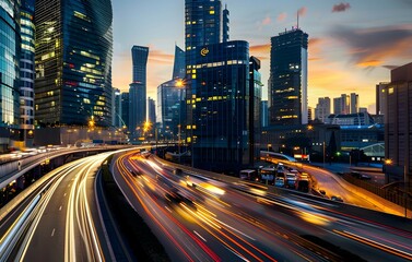 Obraz premium a business city with fast-moving cars, skyscrapers, lights, and vibrant life,