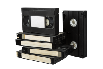 A stack of vintage VHS tapes on a transparent background