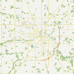 Map of Muncie in Indiana in a normal road map style. Contains layered vector with roads water, parks, etc.