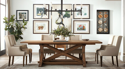 Contemporary dining room featuring a wooden table surrounded by elegant chairs and framed artwork