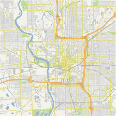 Map of Indianapolis Center in Indiana in a normal road map style. Contains layered vector with roads water, parks, etc.