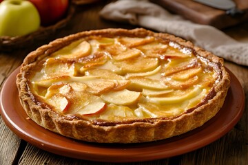 Golden Tarte Normande with caramelized apples on a terracotta plate, set on a wooden table in a cozy rustic kitchen with soft lighting
