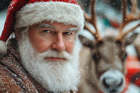 Santa Claus standing with his reindeer - Powered by Adobe