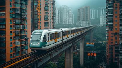 Fototapeta premium Modern Train on Elevated Railway in Urban Setting