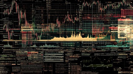 A complex digital stock chart with overlays of financial ratios and market trends