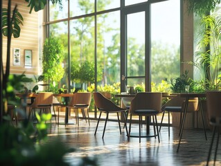 Fototapeta premium Restaurant with a lot of plants and a lot of chairs. The chairs are wooden and there are tables with cups and a vase. Scene is calm and relaxing