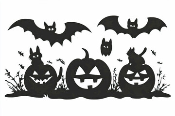 Fototapeta premium Halloween silhouettes: bats, cats, and carved pumpkins in a spooky night scene