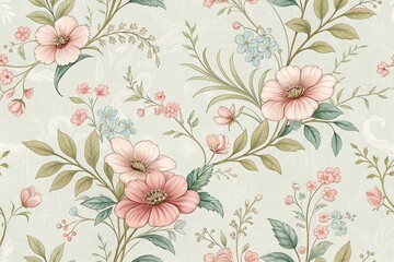 Elegant floral pattern featuring soft pink and beige flowers with delicate green leaves and intricate vines, set against a light cream background.