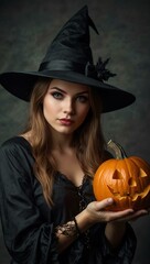 Attractive young woman dressed as a Halloween witch in a studio.