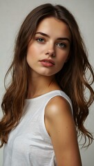 Attractive young woman against a white background.