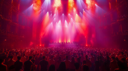 Vibrant concert with diverse crowd in spectacular red light show