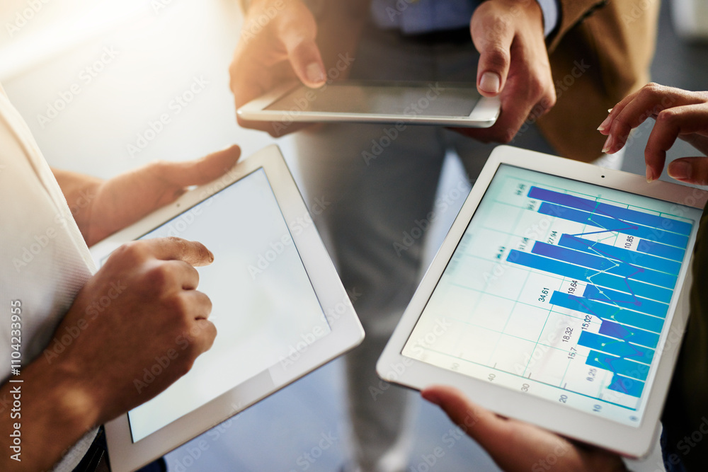 Poster hands, tablets and business people in group with graphs, stats and financial review with progress at