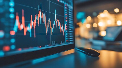 A 3D digital stock chart floating above a modern conference table