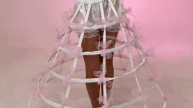 White woman in pantaloons, crinoline dress, garter on female leg, underwear on pink background. Concept of wedding night, marriage, dance, love, wife, husband, family holiday, Valentine's Day, date