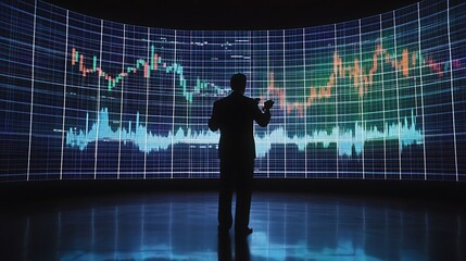 A financial expert explaining a stock chart displayed on a large touchscreen panel