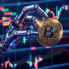 Robotic hand holding bitcoin financial market digital currency cryptocurrency close-up innovation and technology