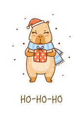 Cute сartoon Santa capybara with gift box isolated on white - funny animal for Your Christmas happy winter holidays design 2