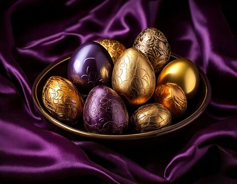 Gl&auml;nzende Metallic-Schokoeier auf Samthintergrund f&uuml;r luxuri&ouml;se Osterkampagnen