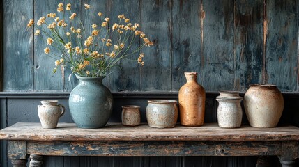 A rustic display of pottery and flowers on a wooden table against a textured backdrop.