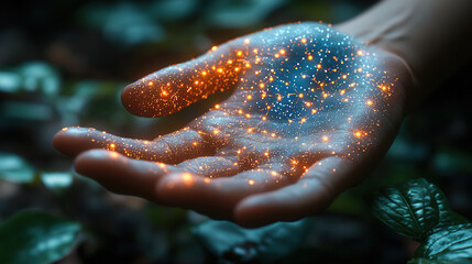 Hand holding shimmering particles in a lush green setting showcasing nature and wonder. Generative AI