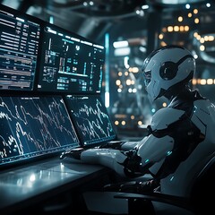 Futuristic robot analyzing data tech lab digital art high-tech environment close-up view innovation insights