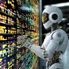 Robotic interaction with data interface high-tech laboratory digital art modern environment close-up perspective innovation