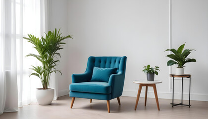 Fototapeta premium Interior of room with elegant velour blue armchair near green plant and coffee table near white wall —