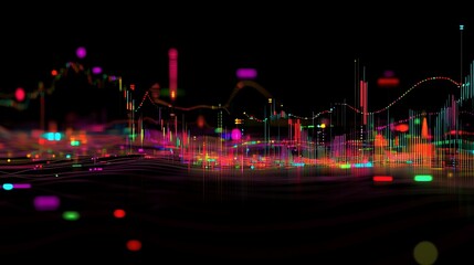 A vibrant digital stock chart with a mix of candlestick patterns and colorful indicators