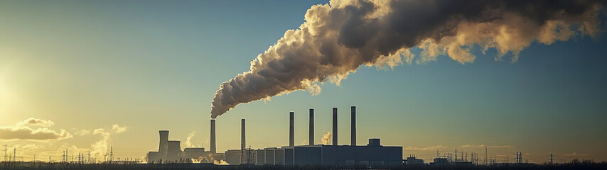 Industrial factory emitting smoke at sunset with pollution and energy themes