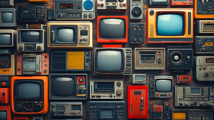 Fototapeta premium Vintage television wall with retro electronics and classic tvs