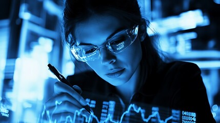 A financial analyst writing on a transparent board overlayed with a digital stock chart