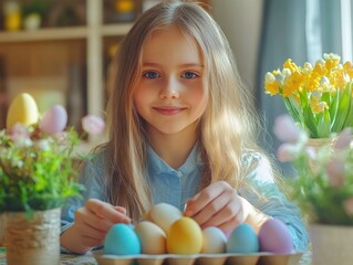 Girl at table decorating eggs with paint.