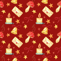 Pattern for New Year and Christmas. Patern with Christmas decorations isolated on a red background. Watercolor illustration: sock, gift, ribbon, present, stars, candle, cookies.
