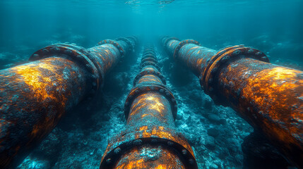 Rusty underwater pipelines in a clear blue ocean environment