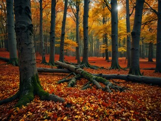 Autumn forest scene with colorful leaves.