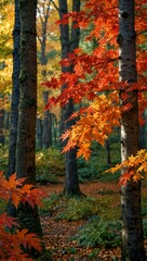 Fototapeta premium Autumn forest with vibrant September maple leaves.