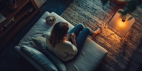 Naklejka premium Lady lounging on couch, holding tablet, in cozy living room setting.