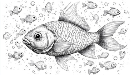 Fototapeta premium Stylized cartoon fish among small fish on a white background. Sketch for coloring. 