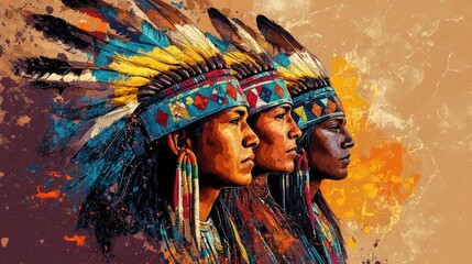Fototapeta premium A modern and colorful painting of three Native American men, each representing a different tribal identity.