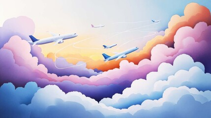 Flight itinerary and departure schedules in the sky airplanes amidst dreamy clouds