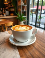 Coffee cup with latte art on wooden table in cozy cafe during morning hours