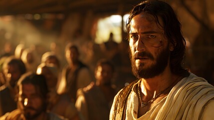 Obraz premium A calm and serene Jesus standing, the man with dropsy now standing tall, his swollen limbs returned to normal size, expressions of awe on the faces of onlookers,